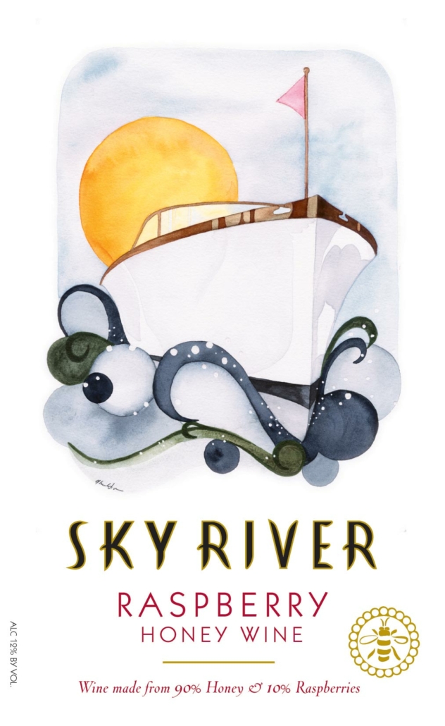 Bottle label for the Sky River Raspberry mead